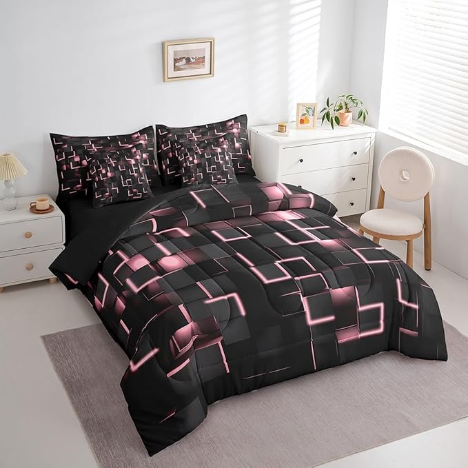 Feelyou Pink and Black Bedding Set Queen Size Light Geometric Comforter Set with Sheets 7 Piece for Kids Boys Decor Bed in a Bag Modern Style Bed Set