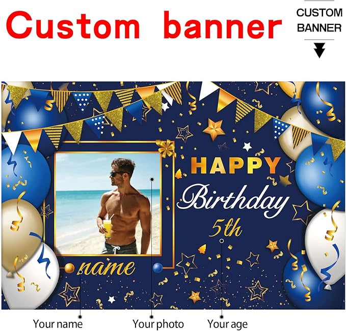Custom Navy Blue and Gold Happy Birthday Sign Birthday Party Decorations Supplies Personalized Navy Blue Backdrop Banner (5x7.5ft)