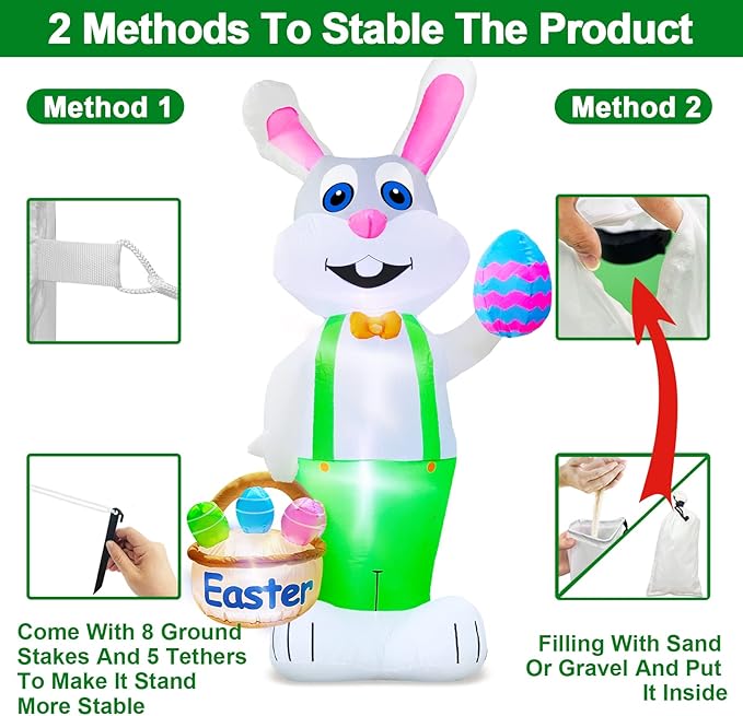 TURNMEON 8 Feet Giant Bunny Easter Inflatables Outdoor Decoration, Lighted Blow up Rabbit Holds Easter Eggs Basket with Tether Stakes LED Light Easter Decor Home Yard Lawn Garden Party Easter Egg Hunt
