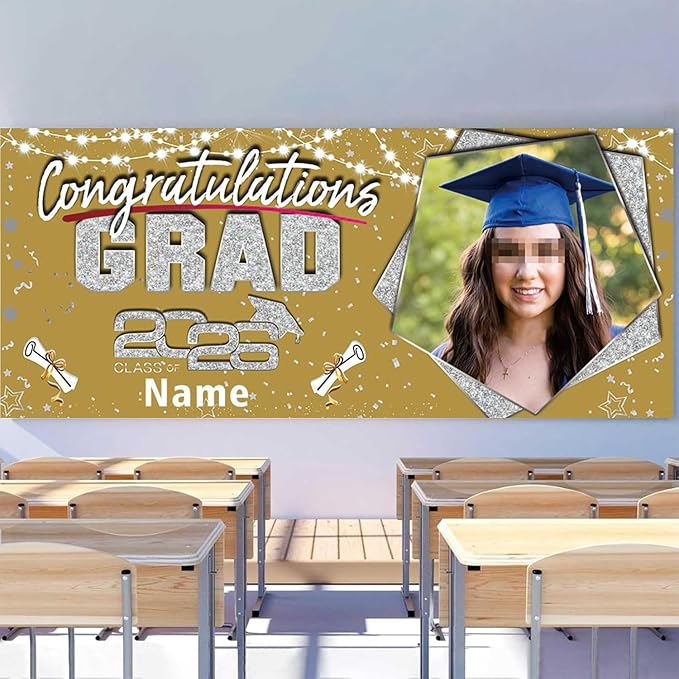 Custom Garaduation Garage Door Banner Cover 16 x 7 ft Class of 2026 Congrats Grad Party Backdrop Personalized Graduation Decoration(Gold and Silver)