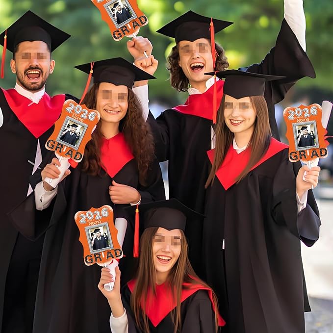 Personalized Graduation Double Sided Face Fan Class of 2026 Customized Graduation Head Face Cutout with Handle Fun Photo Prop Supplies(A-Orange and Black,24pcs)