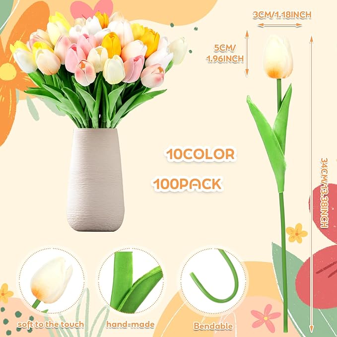 Jexine 100 Pcs Artificial Real Touch Tulips Fake Artificial Tulip Flower Bulk Bouquet with Stem for Table Centerpieces Wedding Bridal Easter Mother's Day Garden Home Decor, 13.4''(Colorful)