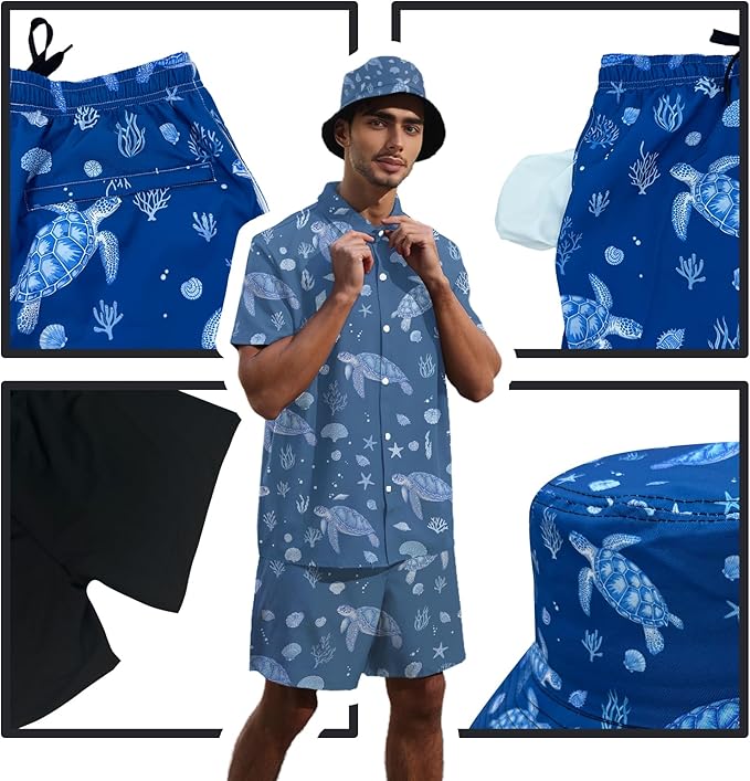 Men's Hawaiian Shirt and Shorts Set 2 Piece Beach Outfits with Bucket Hats for Beach Days and Summer Vibes