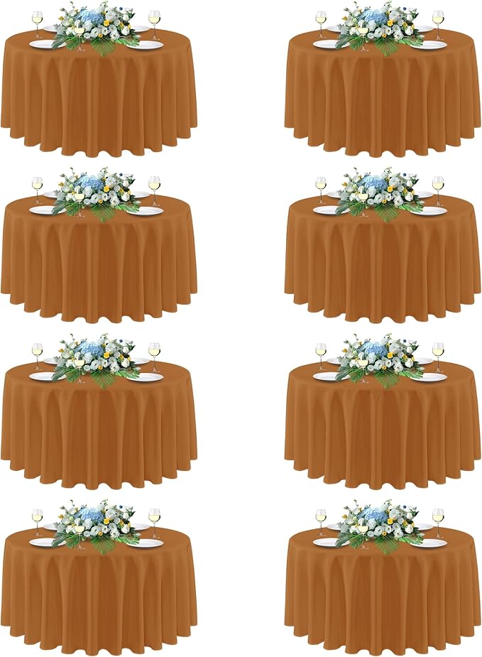 sancua Thanksgiving Round Tablecloth 90 Inch Diameter, 8 Pack Bronze, Circle Polyester Fabric Light Brown Fall Table Cloth Cover for Harvest Wedding Party Reception Banquet (Fit 30-72 Inch Tables)