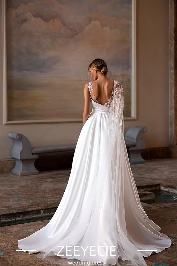 Zeeyecie Ruffle Satin Wedding Dresses 2025 A-Line Crew Neck Lace Applique Sequins Beads Sparkly Bridal Gown with Pockets