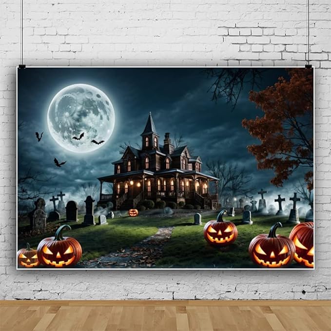 Halloween Backdrop Cemetery Haunted House Backdrop Scary Pumpkin Lamp Night Full Moon Photography Background Theme Party Banner Photo Studio Props 20x10ft（600x300cm）