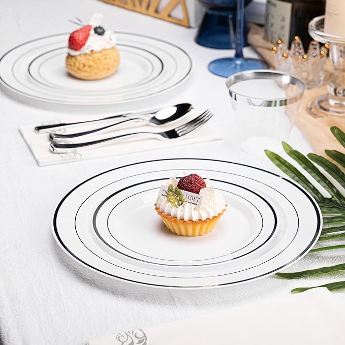 N9R 700PCS Silver Disposable Dinnerware Set for 100 Guests, White Plastic Plates with Silver Rim, Include 100 Dinner & Dessert Plates, Plastic Silverware Set, Cups, Napkins for Party and Wedding