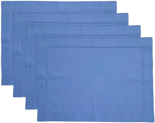 Solino Home Dusty Blue Placemats Set of 4 - Cotton Linen Hemstitch Placemats 14 x 19 Inch - Machine Washable Table Mats for Winter, Spring, Easter