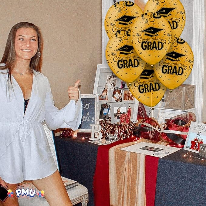PMU 100 Pcs Gold Graduation Balloons Class of 2025 with All-Over Print White Grad Caps-Confetti and Streamers | Graduation Party Supplies | Congratulations Grad Latex Balloons Latex