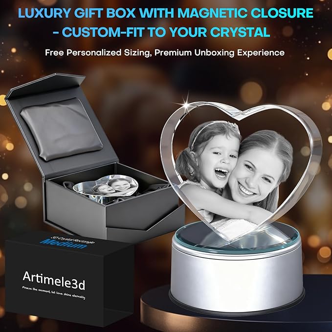 Custom 3D Crystal Photo Heart Medium – Premium: Multicolor LED Base, Gift Wrap & 3D Card; Ready to Gift for Couples