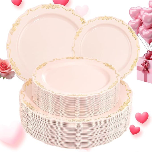 DaYammi 60 PCS Pink Gold Plastic Plates, Pink Disposable Plates with Gold Rim Include: 30 Dinner Plate, 30 Dessert Plate for Party, pink plastic plates with Vintage lace for Wedding