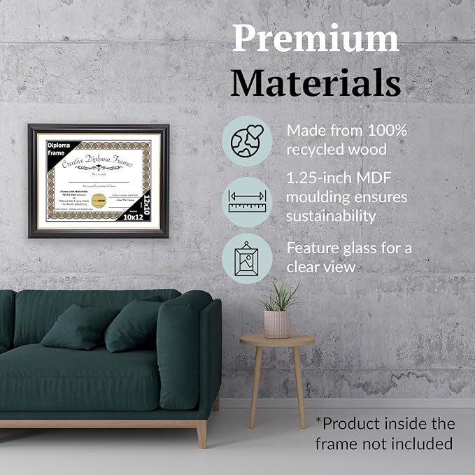 Creative Picture Frames 10" x 12" Rockefeller Black with Gold Rim Diploma Frame, Displays 10" x 12" Certificate or 11" x 14" Document without Mat, College Degree Frame, Full-Strength Glass, White Mat