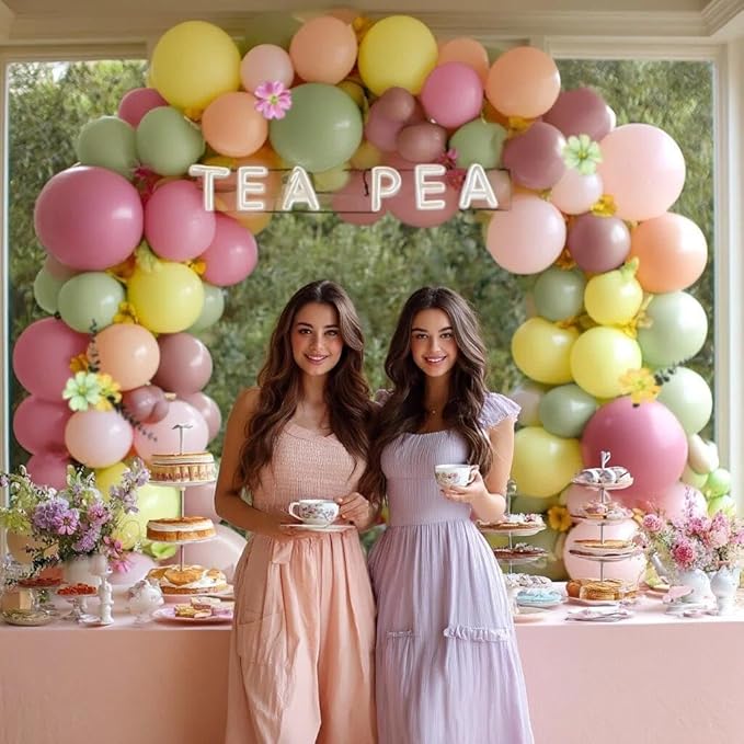 Dusty Green Pink Yellow Balloon Arch Artificial Flower Leaves Double Stuffed Pastel Green Pink Peach Mauve Balloon Garland Kit for Birthday Baby Shower Wedding Fairy Flower Easter Tea Party Decor