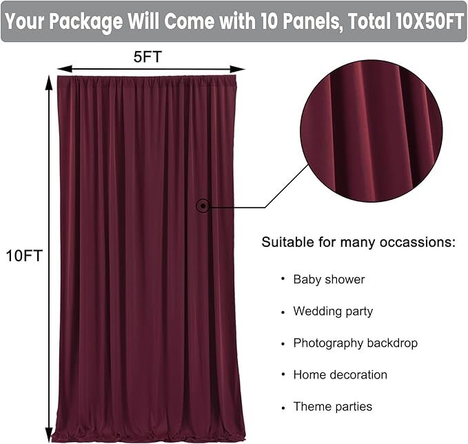 50 ft x 10 ft Wrinkle Free Maroon Backdrop Curtain for Parties, Polyester Burgundy Photo Backdrop Drapes 10 Panels 5x10ft for Baby Shower Wedding Birthday Photography Curtain Engagement Ceremony