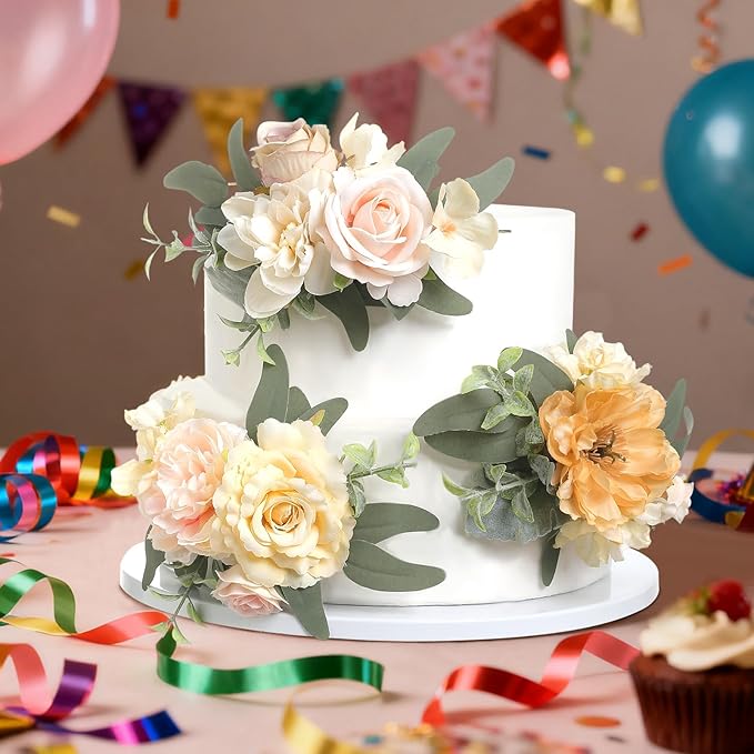 Serra Flora 3Pcs Pre-made Cake Topper Cake Decorating Flowers for Wedding Cake Decorating Flowers Decor Christening Birthday Baptism Baby Shower Party Cake Topper Flower Arrangements.
