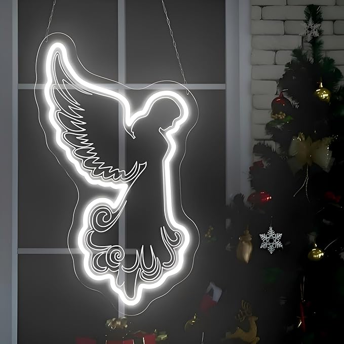 Kneeling Angels Neon Sign, Elegant Angel LED Neon Light Sign for Christmas Tree Decoration Dimmable USB Powered, Holy Glow Light Up Sign for Wall Home Holiday Church Décor & Customizable Gift
