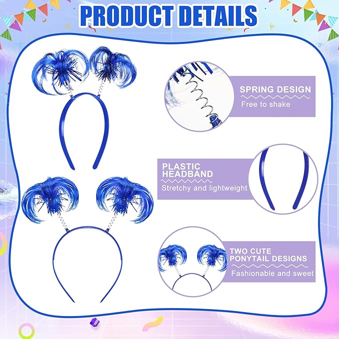 Hoteam 48 Pcs Pom Pom Headband Carnival Party Tinsel Wrapped Ponytail Head Bopper Costume Headwear Hair Accessories Women(Blue)