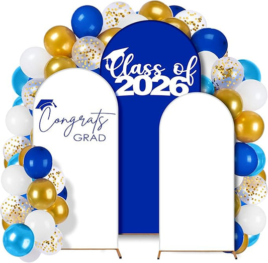 34 Pieces Graduation Decorations 2026 Set Arch Backdrop Cover Set of 3 (4/5/6ft) Blue and White Spandex Arch Backdrop Cover Golden Balloons for Graduation Season Class of 2026 Party Decor