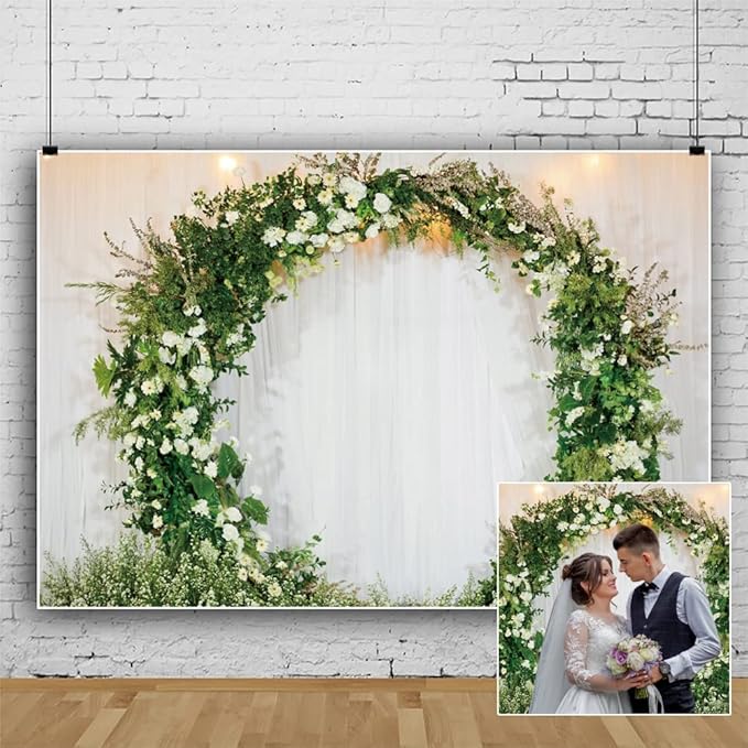 OERJU 10x8ft Romantic Wedding Backdrop 3D Arched Wreath White Curtain Bridal Floral Wall Photography Background Valentine Bridal Shower Reception Ceremony Decor Banner Vinyl Wallpaper