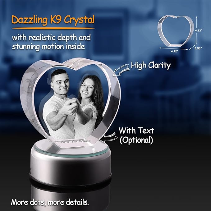 3D Crystal Photo, Personalized Valentine’s Day Gift. Custom Gifts for Wife, Her, Him, Husband, Mom and Dad. Custom Picture Gifts for Anniversary and Birthday. Romantic Crystal Photo Keepsake （Large heart)