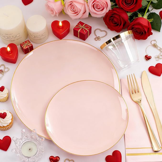 NOCCUR 350PCS Pink Plates Disposable - Pink Gold Plastic Dinnerware Set for 50 Guests Include 100 Dinner/Dessert Plates,150 Cutlery,50 Cups&50 Napkins - Ideal for Party/Wedding/Valentines Day