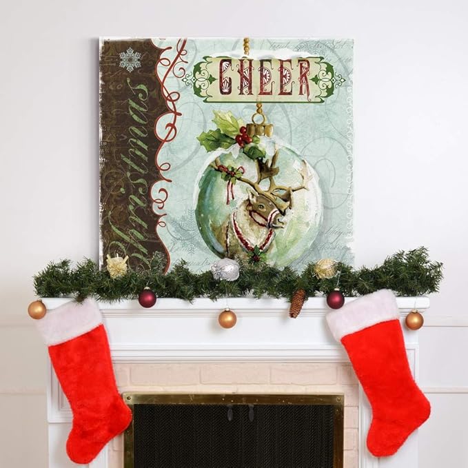 Renditions Gallery Christmas Cheer Ornament Wall Art, Cute Winter Decor, Festive Reindeer with Red & Green Holly, Premium Gallery Wrapped Canvas, Ready to Hang, 32 in H x 32 in W, Made in America