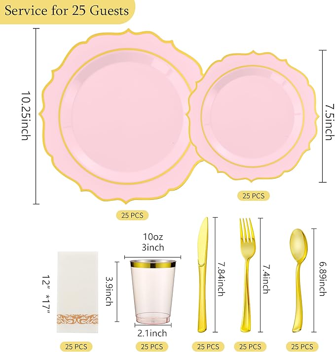 175 PCS Pink Plastic Plates for 25 Guests, Pink and Gold Disposable Dinnerware Set for Party Wedding Include 25 Dinner & 25 Dessert Plates, Spoons, Forks, Knives, Cups, 25 Napkins