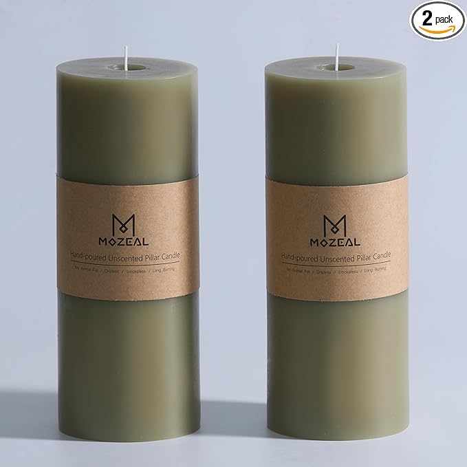 MOZEAL 4" x 10" Extra-Large Sage Pillar Candles (Set of 2), Unscented, Dripless, Smokeless, Long Clean-Burning, Tall 10 inch Large Sage Pillar Candles Perfect for Spring Weddings and Easter Decor