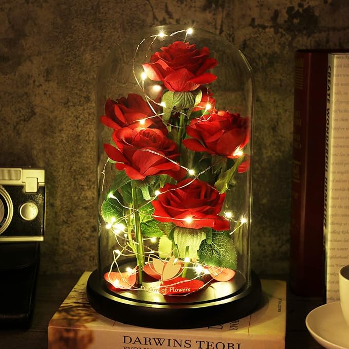 Valentines Day Gifts for Her,Beauty and The Beast Rose,Artificial Silk Rose Preserved Forever in Glass Dome,Anniversary,Mothers Day,Birthday Gifts Flower Roses Gifts for Mom Wife Girlfriend