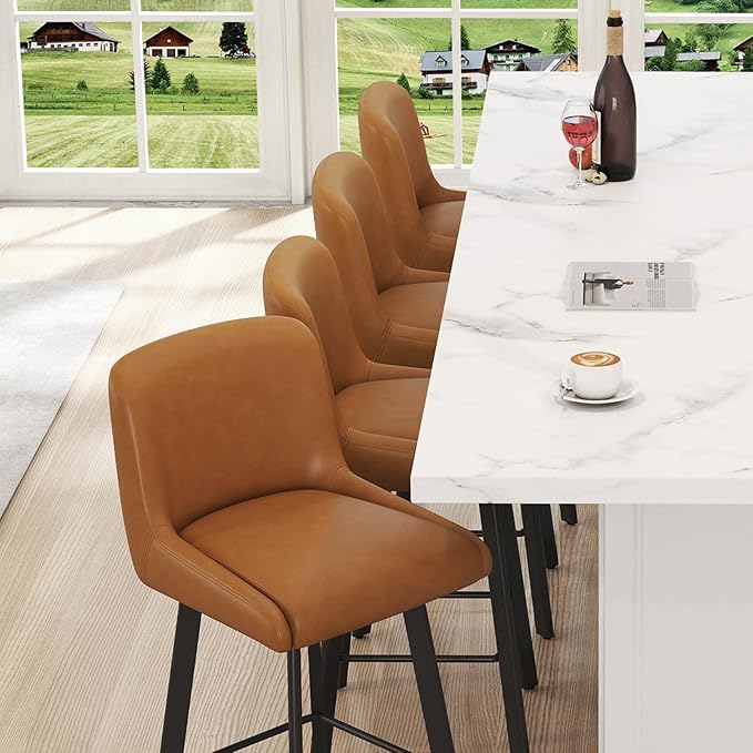 Swivel Counter Height Bar Stools Set of 3, 29''H Upholstered Barstools with Backs, Modern Bar Stool Chairs for Kitchen Island, Metal Legs, Faux Leather, Whiskey Brown Stools Counter Chair