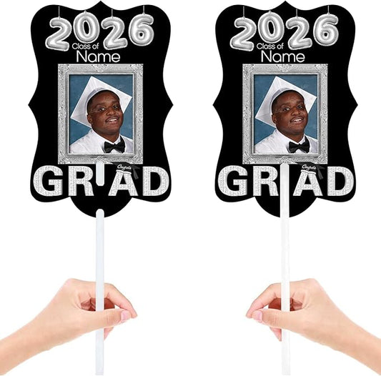 Personalized Graduation Double Sided Face Fan Class of 2026 Customized Graduation Head Face Cutout with Handle Fun Photo Prop Supplies(A-Black and Silver,24pcs)