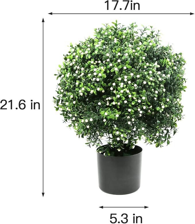 Sunnyglade 21.6” Tall Artificial Jasmine Topiary Ball Tree Set of 2 Pack Potted Bushes UV Resistant Potted Plants for Indoor Outdoor Home Garden (White)