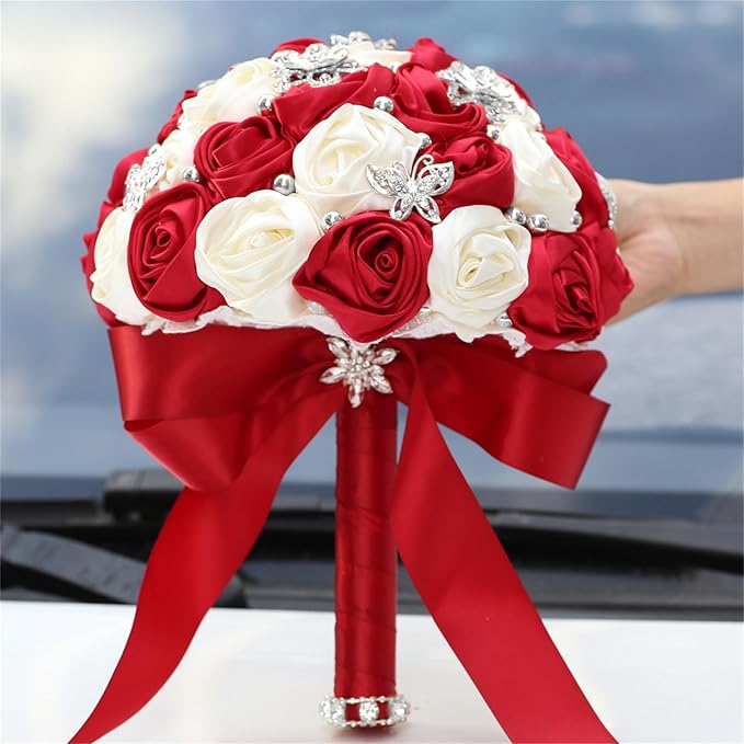 Bridal Wedding Bouquet for Bride Bridesmaid Wedding Quinceanera Throw Toss Artificial Rose Flower Bunch with Bling Brooch (AS#DarkRed Ivory, Large (Dia. 9.8"/24cm))