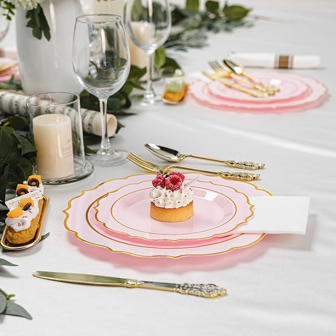 350PCS Pink Plastic Plates, Gold Plastic Dinnerware Sets for 50 Guests, Include 100 Disposable Plates, 50 Cups and 50 Pre Rolled Napkins with 150 PCS Gold Silverware for Party and Wedding