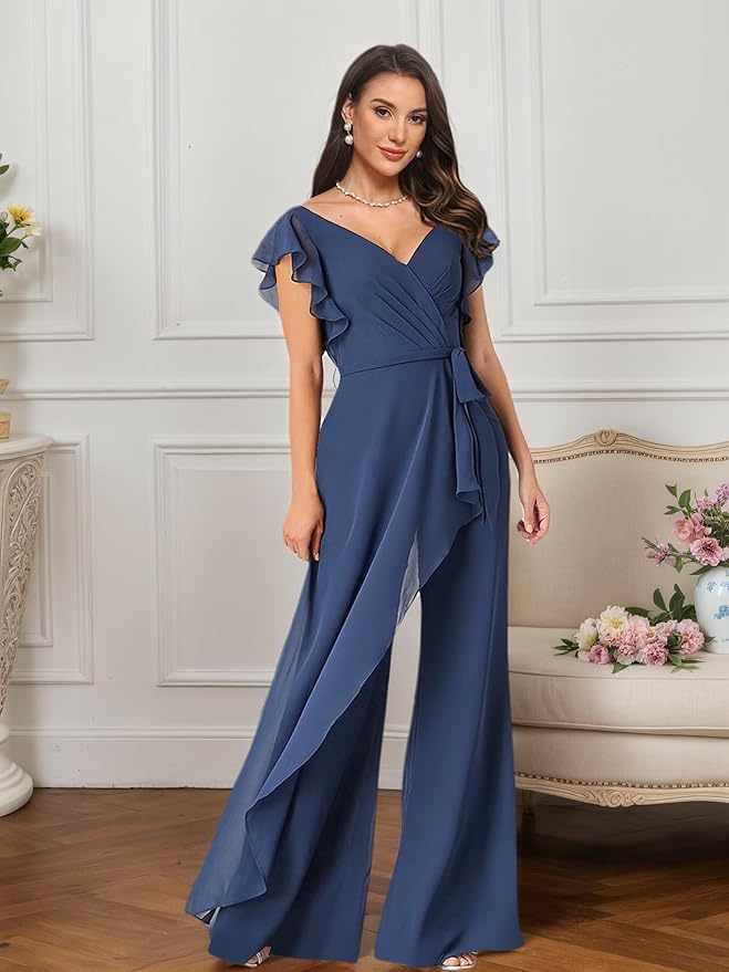 Chiffon Mother of The Bride Jumpsuits for Women Asymmetrical Pant Suits Flutter Sleeve V Neck Formal Evening Outfits