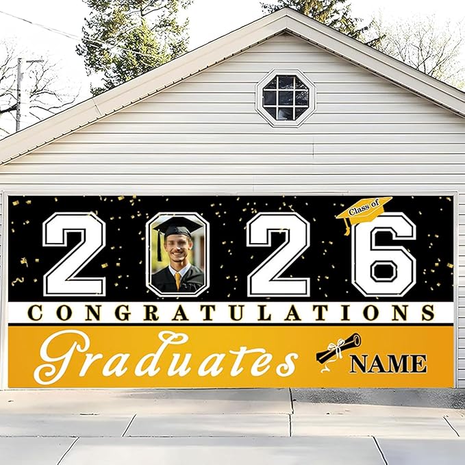 Custom Photo Graduation Garage Door Banner Personalized 2026 Grad Banner 7x16ft Porch Door Sign Decoration Outdoor Photo Booth Backdrop Party Supplies(Yellow)