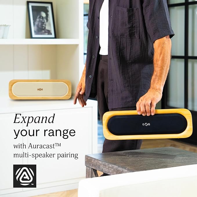 House of Marley Get Together 3 Bluetooth Speaker, 10Hr Playtime, USB-C Fast Charging, EQ Sound Modes, Ambient LED Light, 30m Wireless Range, Bamboo & Rewind Fabric Design (Cream)
