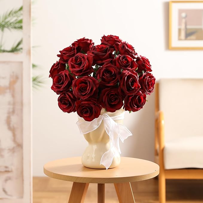 Kisflower 60 Pcs Burgundy Roses Artificial Flowers Bulk, Maroon Flowers Artificial Silk Roses with Stems for Decoration DIY Wedding Bouquet Bridal Shower Party Home Table Centerpieces Decor (Burgundy)