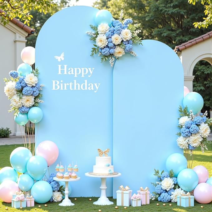 Baby Blue Photo Arch Backdrop Cover Set of 2 for Baby Shower Party 7.2ft and 6ft Arch Covers Stretchy Backdrop Spandex Arch Stand Covers for Boys Birthday Bridal Shower Ceremony Banquet Background