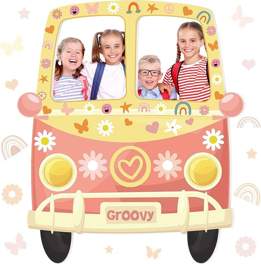 Teling Hippie Bus Photo Booth Prop 43.31 x 37.4 Inch 1960s Hippie Selfie Frame Backdrop Background Banner 60s 70s Retro Large Groovy Van Prop Party Birthday Decor Daisy Party Favor