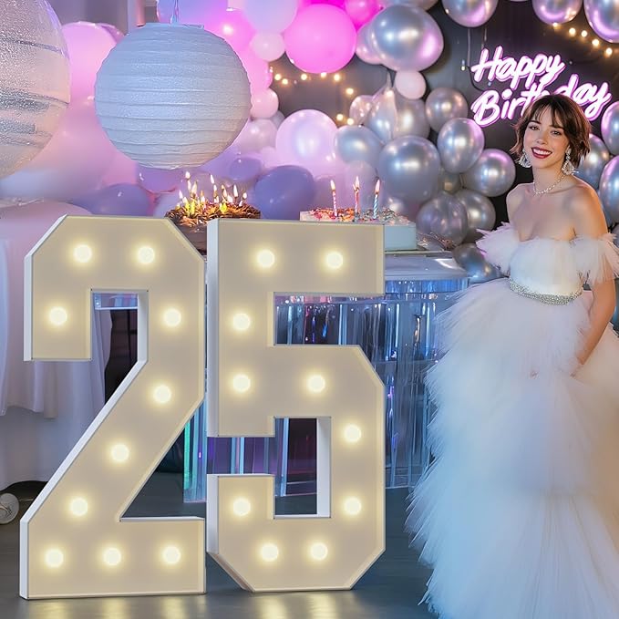 Marquee Numbers 25th-Birthday Large Decorations: 4ft Light Up Numbers 25 Birthday Sign for Boy Girl Twenty Five Year Old Anniversary Mosaic Party Decor Backdrop Big Foam Board Number 25