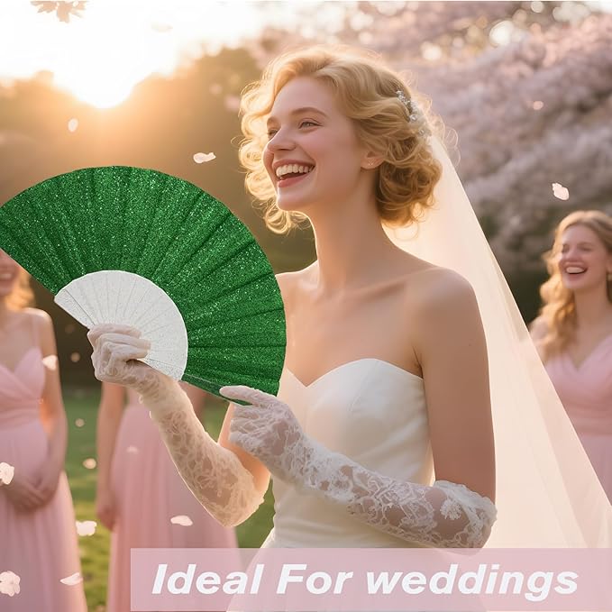 48 Pack Handheld Fan,Folding Hand Glitter fan with Shining Transparent Fan Rib – Ideal for Wedding, Church, Festival, Dance, Tea Party, Club, and EDM Accessories, Light green