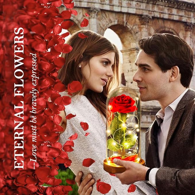 Valentines Day Gifts for Her Beauty and The Beast Rose,Red Rose in Glass Dome with 2 Lights Modes, Valentines Flower Gifts for Women Mom Wife Girlfriend on Valentines Anniversary,Birthday,Wedding
