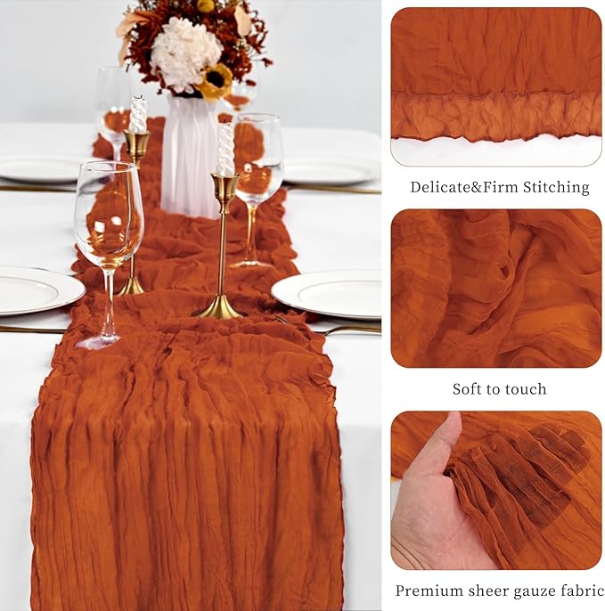 20 Pack Terracotta Table Runner 10Ft Cheesecloth Table Runner Boho Gauze Table Runners Romantic Long Sheer Fabric Cheese Cloth Table Runners for Wedding Party Bridal Shower(Terracotta)