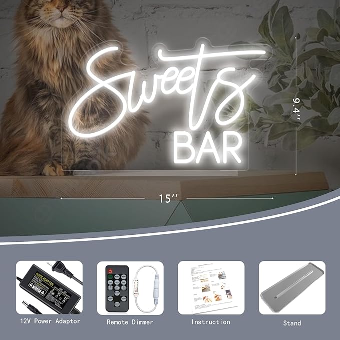 Sweet Bar Neon Sign, Handmade White LED Neon Light with Stand for Wedding Reception, Baby Shower, Home Mimosa Candy Buffet, Birthday Party, Dessert Table Sign - 15''