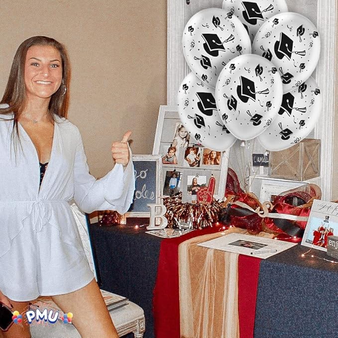 PMU 100 Pcs Silver Graduation Balloons Class of 2025 with All-Over Print White Grad Caps-Confetti and Streamers | Graduation Party Supplies | Congratulations Grad Latex Balloons Latex