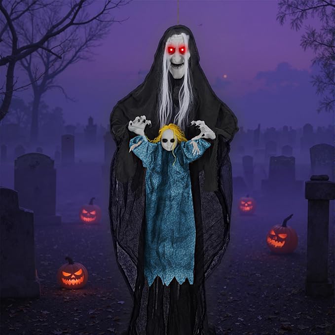 BECOMFORT 6.1 FT Hanging Animatronic Halloween Decoration, Sound-Activated Hanging Witch with Spooky Sounds, Glowing Eyes & Bending Arms, Animated Halloween Props for Indoor & Outdoor