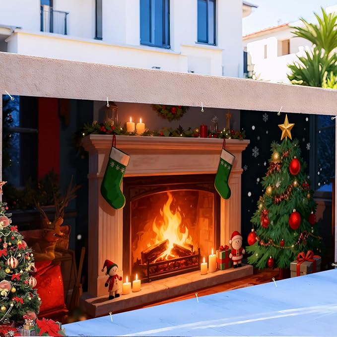 Christmas Garage Door Banner & Cover 7x16FT, Fireplace with Christmas Tree and Stockings, Large Outdoor Xmas Decoration for Garage Doors, Driveways, Winter Parties and Holiday Decor