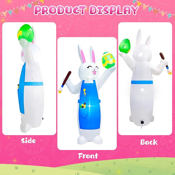MICOCAH 8FT Easter Inflatables Outdoor Decorations Blow Up Bunny Painting Eggs Built-in LED Lights, Happy Easter Decorations Inflatable Bunny for Indoor Yard Garden Lawn Holiday Party Decor