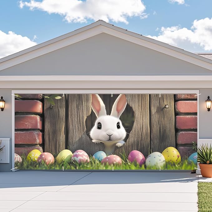 Easter Bunny Peeking Through Fence Garage Door Banner 7x16FT, Cute Bunny & Colorful Eggs, Outdoor Spring Decoration for Easter & Holiday Season